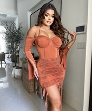 Mini vestido feminino moda boutique ferrugem laranja franzido manga comprida clube/festa comprar usado  Enviando para Brazil