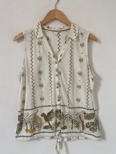Blusa branca 12 sem mangas botão colete colarinho leopardo pássaro palma top comprar usado  Enviando para Brazil