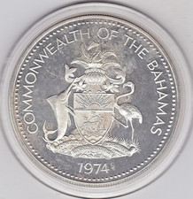 Moeda de prata grande de cinco dólares das Bahamas 1974 (bandeira nacional) comprar usado  Enviando para Brazil