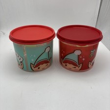 Usado, Lote de 2 #4623B Tupperware 2,5 xícaras conjunto de contêineres elfos de Natal com tampas vermelhas comprar usado  Enviando para Brazil