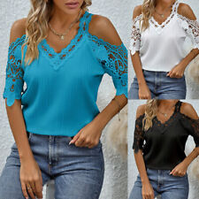 Blusa feminina de renda ombro frio gola V feminina verão casual solta ∂, usado comprar usado  Enviando para Brazil