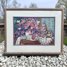 Usado, Quadro de madeira floral vitoriano vintage profissional fosco feito à mão bordado 21,5x17” comprar usado  Enviando para Brazil