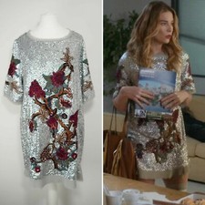 Zara Srebrna cekinowa kwiatowa haftowana sukienka ASO Alexis Rose Schitt's Creek L na sprzedaż  PL
