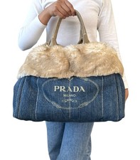 Bolsa tote PRADA vintage grande logotipo pele denim canapa ponto azul creme bege camurça comprar usado  Enviando para Brazil