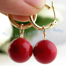 Brinco de ouro pendurado com contas redondas de pedra preciosa de coral vermelho natural 12 mm comprar usado  Enviando para Brazil