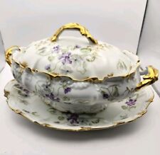 Sopa antiga Elite Limoges 3 peças tureen/tampa/prato com flores roxas aro dourado comprar usado  Enviando para Brazil