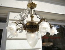 LUSTRE DE TETO ANTIGO ART NOUVEAU CORTE LATÃO VIDRO ACETINADO 7 LÂMPADAS 1900, usado comprar usado  Enviando para Brazil