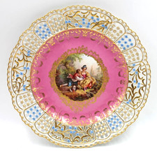Placa de armário reticulada antiga de porcelana Meissen cena Watteau 10” rosa #A comprar usado  Enviando para Brazil