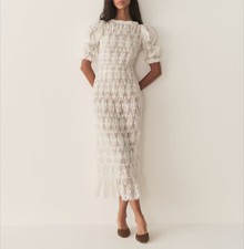 Vestido midi feminino Doen gola redonda renda manga folhada linha A comprar usado  Enviando para Brazil