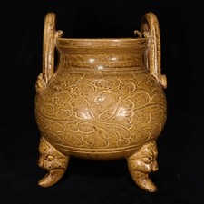 Usado, Queimador de incenso de três pés 9,6" porcelana dinastia flor amarela orelha dupla comprar usado  Enviando para Brazil