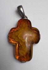 Pingente ATI Polônia prata esterlina 925 esculpido âmbar cruz gravada rosa assinado vintage, usado comprar usado  Enviando para Brazil