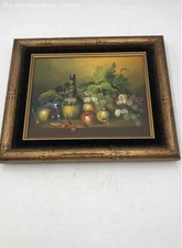 Vidro de vinho frutas natureza morta uvas maçã pintura a óleo arte decorativa emoldurada comprar usado  Enviando para Brazil