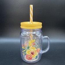 Caneca de acrílico Pioneer Woman transparente com flores com alça e tampa superior de parafuso amarelo palha comprar usado  Enviando para Brazil