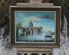 Klaus Rochel (1938) - Zamek Montfoort Utrecht - Romantyczny obraz olejny z łodzią na sprzedaż  PL