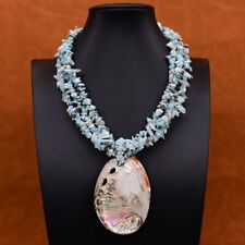 Colar de lascas de pedra Larimar azul natural 3 fileiras pingente de concha de abalone grande 19" comprar usado  Enviando para Brazil