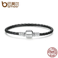 Pulseira de trança de couro preto genuíno europeu Bamoer com fecho de prata esterlina comprar usado  Enviando para Brazil