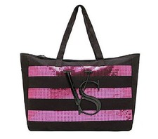 Bolsa tote Victoria's Secret grande preta com listras de lantejoulas rosa bolsa de fim de semana! Novo! comprar usado  Enviando para Brazil