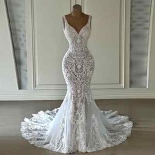 Elegantes vestidos de noiva sereia gola V sem mangas apliques de renda vestidos de noiva comprar usado  Enviando para Brazil