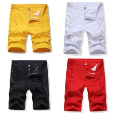 Shorts jeans masculino casual cor sólida shorts jeans elástico furo meia calça comprar usado  Enviando para Brazil