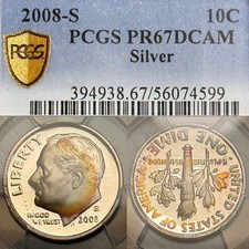 PR67DCAM 2008-S 10C Roosevelt moeda de dez centavos à prova de prata, PCGS Trueview - tom arco-íris comprar usado  Enviando para Brazil