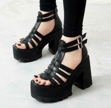 Sandálias femininas salto robusto alça plataforma fivela biqueira aberta sapatos gladiador punk comprar usado  Enviando para Brazil