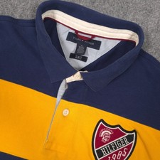 Camisa de rugby Tommy Hilfiger para hombre XL amarilla/azul marino a rayas 1985 escudo malla calce ajustado segunda mano  Embacar hacia Mexico