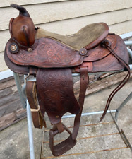 Sillín western para pony/niño de cuero mecanizado marrón de 12" usado con asiento de gamuza hecho en EE. UU. segunda mano  Embacar hacia Argentina