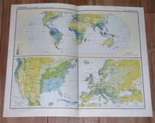 1926 VINTAGE SZWEDZKA MAPA KLIMATYCZNA METEOROLOGIA OPADY DESZCZU USA EUROPA na sprzedaż  Wysyłka do Poland