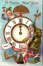 Cartão postal antigo feliz ano novo relógio face gnomos elfos sino Newport RI 1909, usado comprar usado  Enviando para Brazil