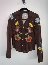 Camisa feminina vintage JoyStick bordada à mão colarinho marrom comprar usado  Enviando para Brazil