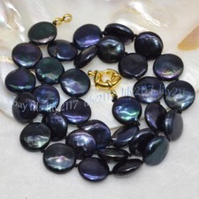 COLAR DE PÉROLAS DE ÁGUA DOCE RARO GRANDE 13-14MM FORMA DE MOEDA PRETA NATURAL 18" comprar usado  Enviando para Brazil
