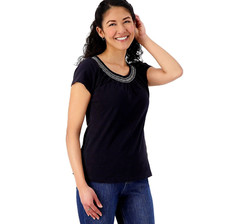 Isaac Mizrahi Live! Blusa manga gorro com contraste bordado passo preto tamanho 1X, usado comprar usado  Enviando para Brazil
