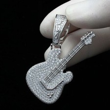 Pingente de guitarra 2 quilates corte redondo simulado diamante com corrente folheado a ouro branco 14k comprar usado  Enviando para Brazil
