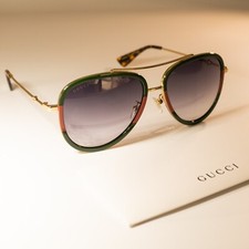 Gucci GG0062S 003 57mm Aviator Zielone/Czerwone Unisex Okulary przeciwsłoneczne z jasnoszarym obiektywem na sprzedaż  Wysyłka do Poland