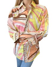 Camisa EMILIO PUCCI Vintage Logotipo Top #S Multicolorido Laranja Amarelo Algodão Botão comprar usado  Enviando para Brazil