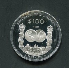 tu_bazar   100 PESOS PLATA   ENCUENTRO DOS MUNDOS 1991 MEJICO   PROOF comprar usado  Enviando para Brazil