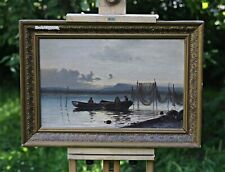 Usado, Pescadores On The Lake En Moonlight, 19th Century Oil Lona Painting, Dinamarca comprar usado  Enviando para Brazil