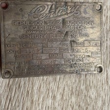 Etiqueta de identificação vintage Century repulsão partida indução motor elétrico patente 1914, usado comprar usado  Enviando para Brazil