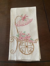 Toalha de mão vintage de linho creme 12" x 19" com bordado rosa ~ Carrinho de flores comprar usado  Enviando para Brazil