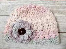 Gorro recém-nascido feito à mão crochê bebê flor 0/3 flor rosa puffs EUA comprar usado  Enviando para Brazil