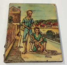 Arte pintada vintage azulejo de resina cidade homem menino cachorro assinado Tharmeo numerado 4"x5" comprar usado  Enviando para Brazil