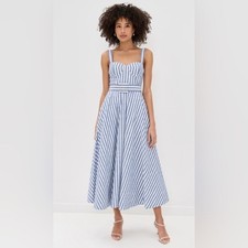 NOVO Vestido Midi Cara Calypso Listrado Azul Marfim Seersucker | EUA 6 Reino Unido 10 comprar usado  Enviando para Brazil