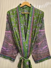 Pura Seta Lungo Vestaglia Donna Kimono Boemo Lusso Artigianale Verde KMO4763 comprar usado  Enviando para Brazil