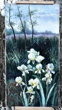 Landscape Con Iris On The Marsh, Antico Oil On Tela Painting From Germany comprar usado  Enviando para Brazil