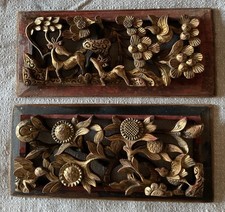 Dois painéis de madeira antigos chineses esculpidos à mão vermelho e dourado com pássaros e flores comprar usado  Enviando para Brazil