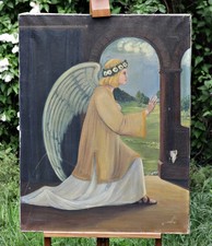 Anioł w modlitwie – duży religijny obraz olejny na płótnie, sztuka vintage na sprzedaż  PL