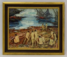 1974 Stary obraz, nagie osoby na plaży, olej, 61 x 51 cm na sprzedaż  PL