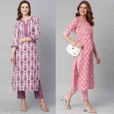 Combo de 2 Kurti étnicos femininos de mistura de algodão estampado floral com calça comprar usado  Enviando para Brazil