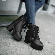 Botas de tornozelo femininas plataforma antiderrapante com cadarço biqueira redonda punk sapatos de salto alto bloco comprar usado  Enviando para Brazil