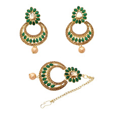 Conjunto de pendientes nupciales Maang Tikka Bollywood perla verde tono oro... comprar usado  Enviando para Brazil